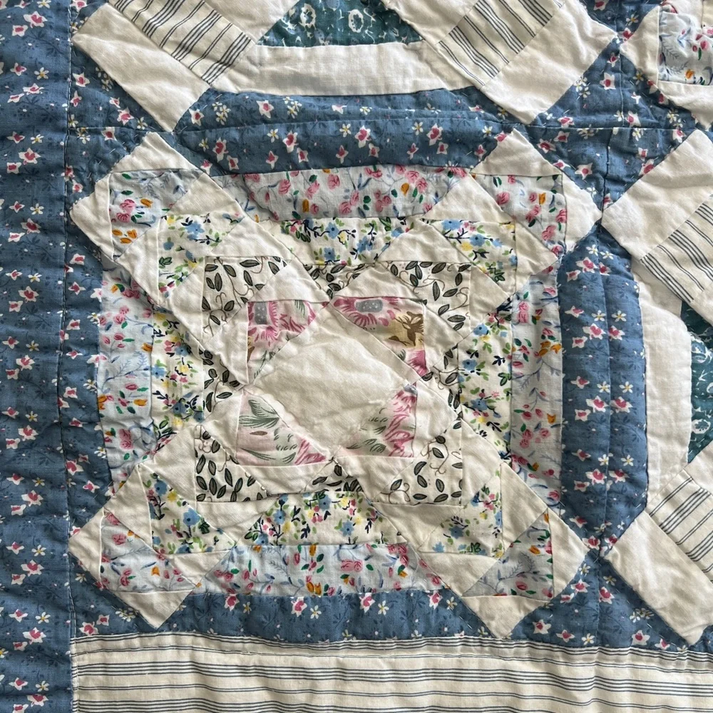 Pair floral quilted standard pillowcase shams cottagecore shabby chic blue white
